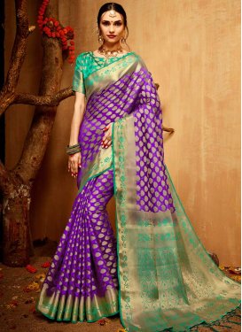 Turquoise and Violet Jacquard Silk Contemporary Style Saree For Ceremonial
