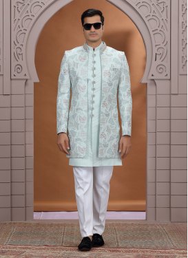 Turquoise and White Art Silk Indo Western with Cutdana Work for Festival