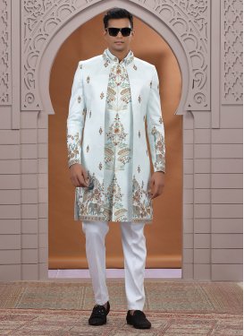 Turquoise and White Art Silk Indo Western with Cutdana Work for Party