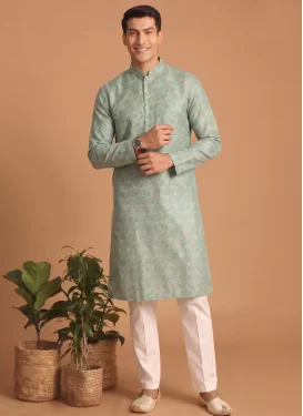 Turquoise and White Cotton Kurta Pajama with Digital Print Work for Festival