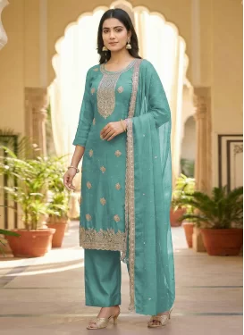 Turquoise Crunchy Silk Embroidered Work Straight Suit for Women