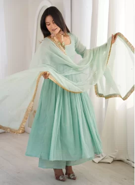 Turquoise Georgette Anarkali Suit with Lace Work for Ceremonial