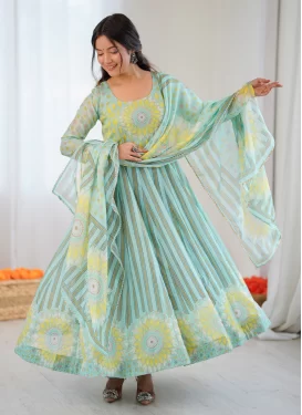 Turquoise Organza Digital Print Work Anarkali Suit for Women