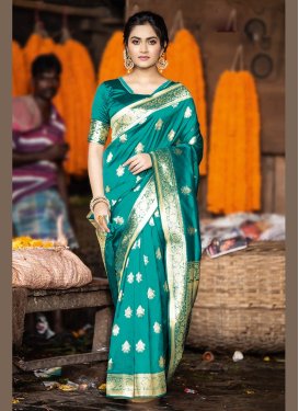 Turquoise Satin Silk Weaving Traditional Designer Saree