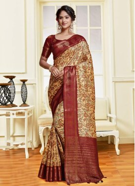 Tussar Silk Cream and Maroon Trendy Designer Saree For Ceremonial