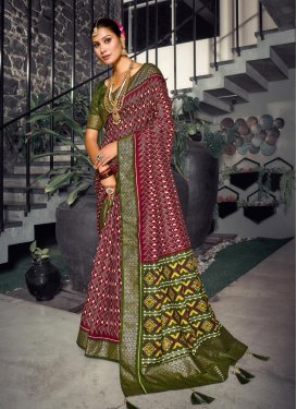 Tussar Silk Crimson and Olive Designer Traditional Saree For Ceremonial