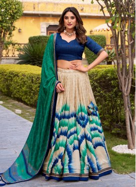 Tussar Silk Designer Lehenga Choli in Beige and Blue with Digital Print Work for Festival