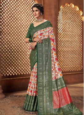 Tussar Silk Digital Print Work Bottle Green and Off White Contemporary Style Saree