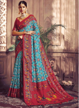 Tussar Silk Digital Print Work Light Blue and Red Traditional Designer Saree