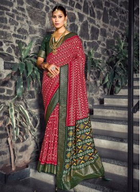 Tussar Silk Foil Print Work Crimson and Green Traditional Designer Saree