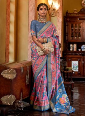 Tussar Silk Light Blue and Pink Print Work Traditional Designer Saree