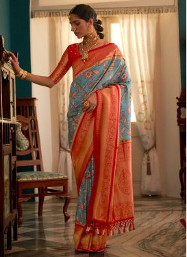 Tussar Silk Light Blue and Red Traditional Designer Saree