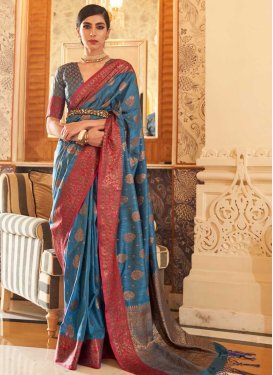 Tussar Silk Light Blue and Rose Pink Trendy Classic Saree For Ceremonial