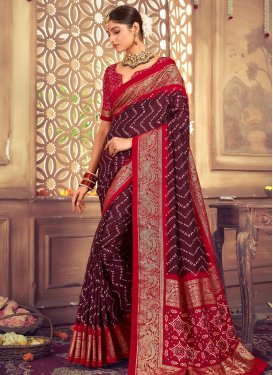 Tussar Silk Maroon and Red Print Work Traditional Designer Saree