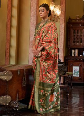 Tussar Silk Olive and Orange Print Work Designer Traditional Saree