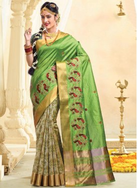 Tussar Silk Resham Work Beige and Mint Green Half N Half Trendy Saree