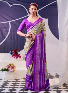 Tussar Silk Traditional Saree in Beige and Violet with Digital Print Work for Women