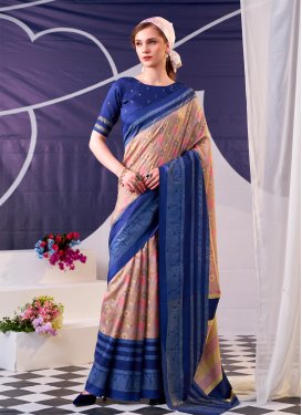 Tussar Silk Traditional Saree in Navy Blue and Salmon with Digital Print Work for Women