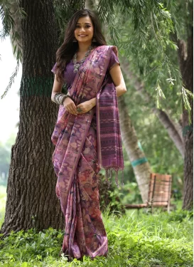 Tussar Silk Traditional Saree with Digital Print Work in Pink and Purple