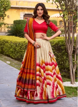 Tussar Silk Trendy Lehenga Choli with Digital Print Work for Festival in Beige and Red