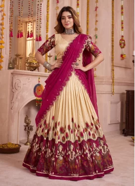 Tussar Silk Trendy Lehenga Choli with Digital Print Work in Cream and Fuchsia for Party