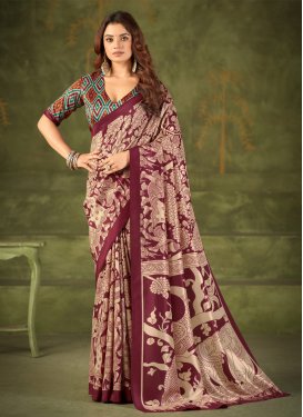 Tussar Silk Trendy Saree in Beige and Maroon with Digital Print Work for Women