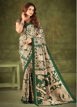 Tussar Silk Trendy Saree with Digital Print Work for Women in Cream and Green
