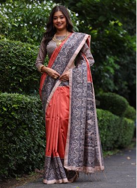 Tussar Silk Trendy Saree with Digital Print Work in Beige and Orange