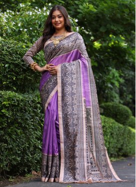 Tussar Silk Trendy Saree with Digital Print Work in Beige and Violet