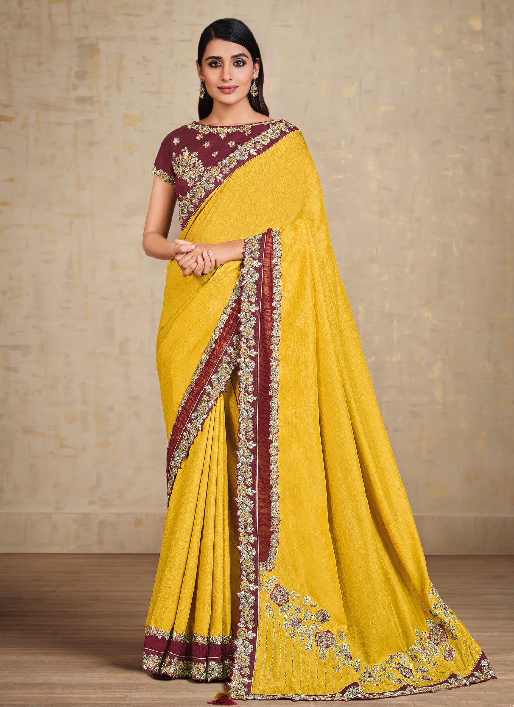 Tussar Silk Wine and Yellow Embroidered Work Designer Traditional Saree