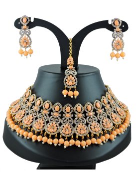 Unique Alloy Gold Rodium Polish Beads Work Peach and White Necklace Set