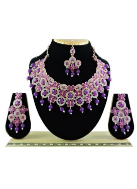 Unique Alloy Gold Rodium Polish Beads Work Violet and White Necklace Set