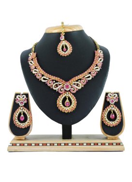 Unique Alloy Gold Rodium Polish Pink and White Stone Work Necklace Set