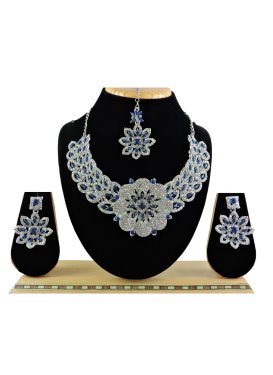 Unique Alloy Stone Work Navy Blue and Silver Color Necklace Set