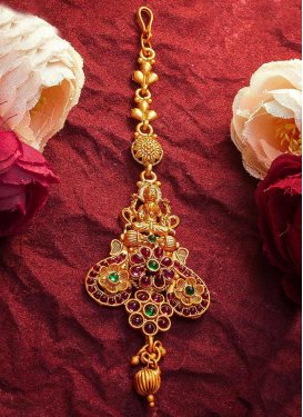 Unique Gold and Green Alloy Maang Tikka For Bridal