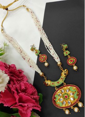 Unique Gold and Mint Green Alloy Necklace Set For Ceremonial