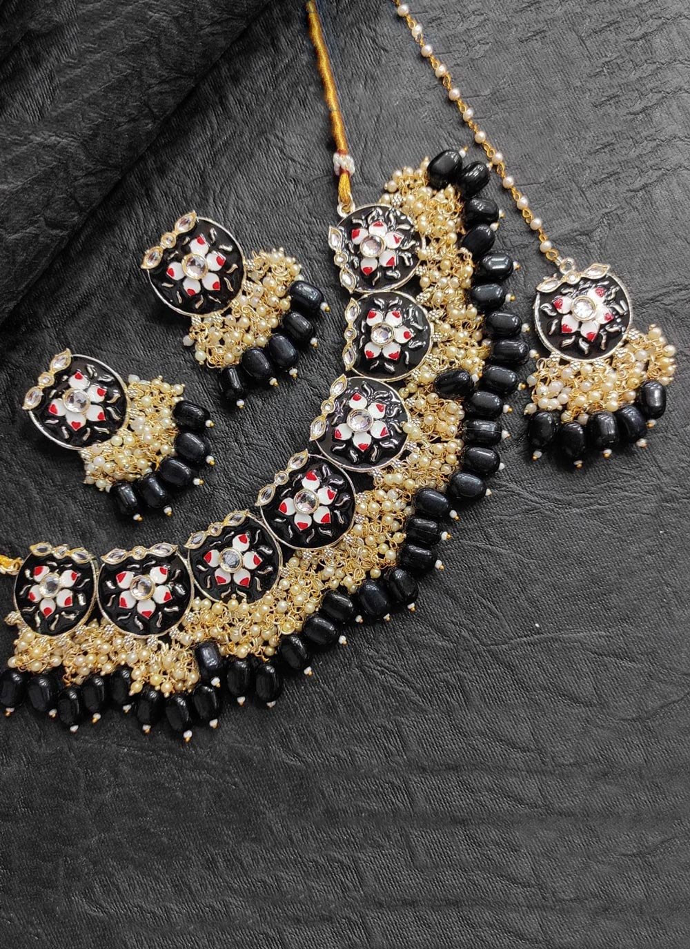 Unique Gold Rodium Polish Beads Work Alloy Black and Off White Necklace Set For Festival