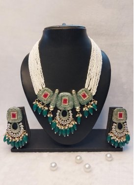 Unique Gold Rodium Polish Green and White Beads Work Necklace Set
