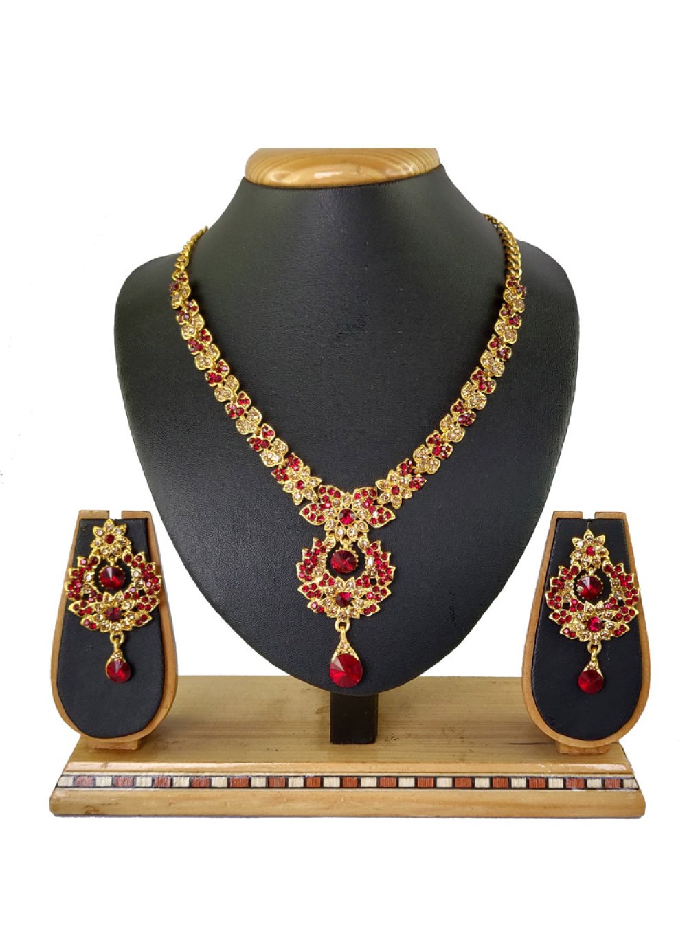 Unique Gold Rodium Polish Stone Work Alloy Gold and Red Necklace Set For Bridal