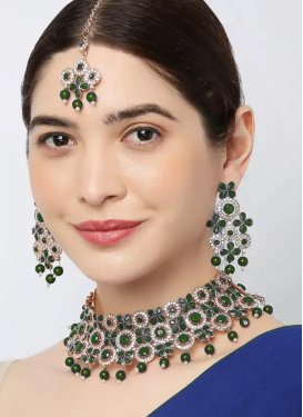 Unique Green and White Beads Work Alloy Gold Rodium Polish Necklace Set