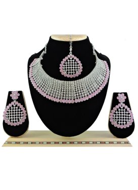 Unique Pink and Silver Color Stone Work Alloy Silver Rodium Polish Necklace Set