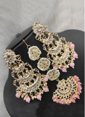 Unique Pink and White Beads Work Alloy Gold Rodium Polish Earrings
