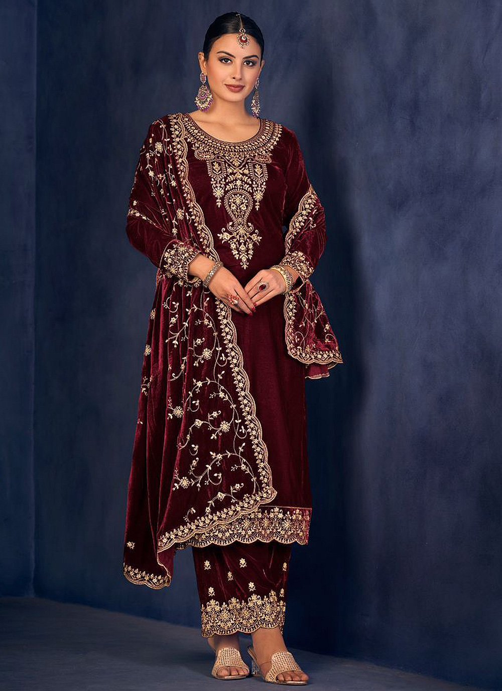 Wine And Pink Heavy Velvet Pant/Palazzo Style Suit - Indian Heavy Anarkali  Lehenga Gowns Sharara Sarees Pakistani Dresses in USA/UK/Canada/UAE -  IndiaBoulevard