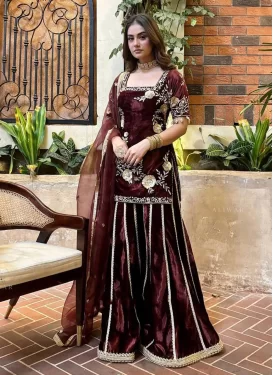 Velvet Palazzo Suit with Embroidered Work for Festival in Maroon