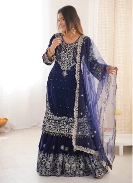 Velvet Sharara Suit with Beads Work for Festival in Navy Blue
