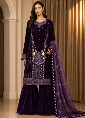 Velvet Sharara Suit with Embroidered Work for Ceremonial in Purple