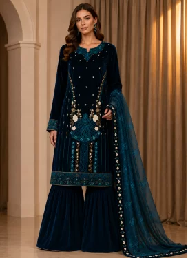 Velvet Sharara Suit with Embroidered Work in Teal