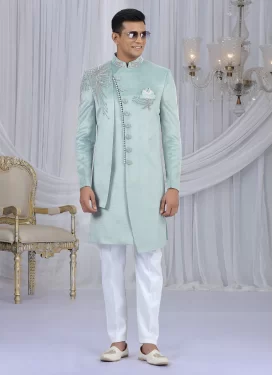 Velvet Wedding Sherwani in Aqua Blue and White with Cutdana Work for Ceremonial