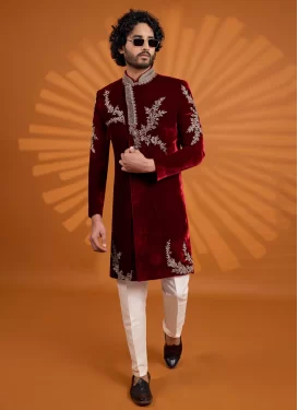 Velvet Wedding Sherwani in Beige and Maroon with Embroidered Work for Men