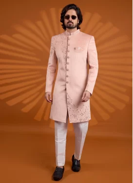 Velvet Wedding Sherwani in Off White and Peach with Cutdana Work for Party